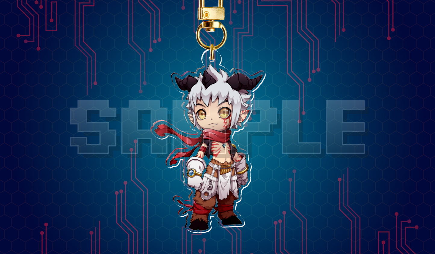 Close-up of a custom Aegiomon acrylic keychain accessory for the Digimon TCG. Features a high-quality chibi illustration of the horned character wearing a red scarf, set against a dark blue digital circuit board background.