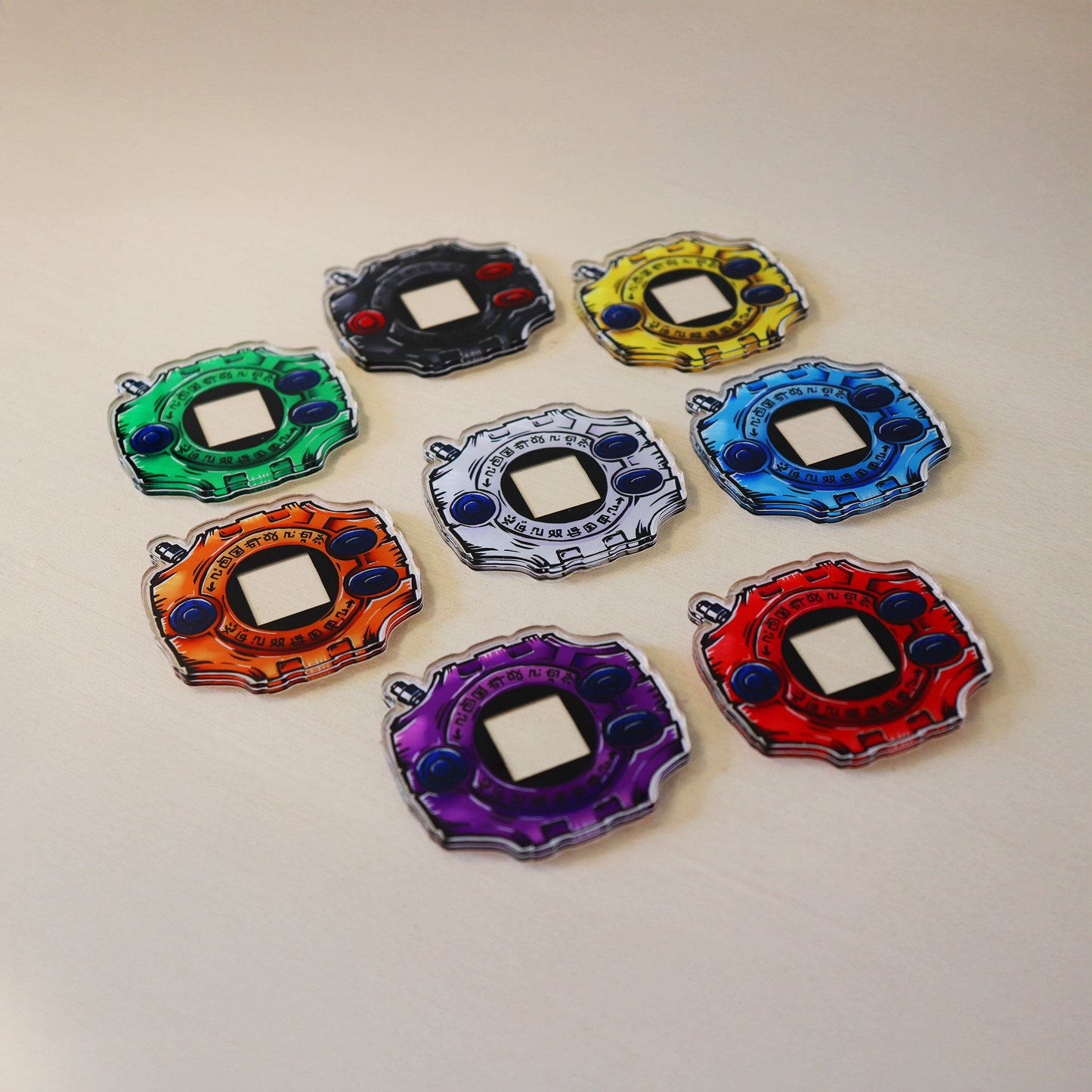 Set of acrylic Digivice memory markers inspired by Digimon Adventure 01, shown in seven colors: black, yellow, green, blue, white, orange, and purple.