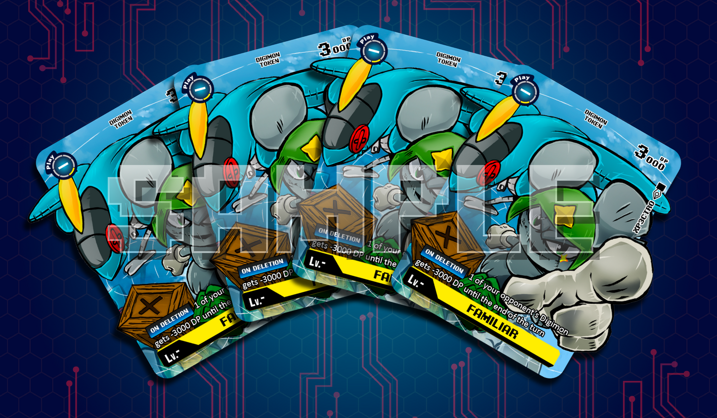 Product cover showing a set of four Familiar acrylic tokens for Digimon TCG, fanned out on a blue circuit-style background, each token featuring the Familiar artwork with a green hood and large gray fists.
