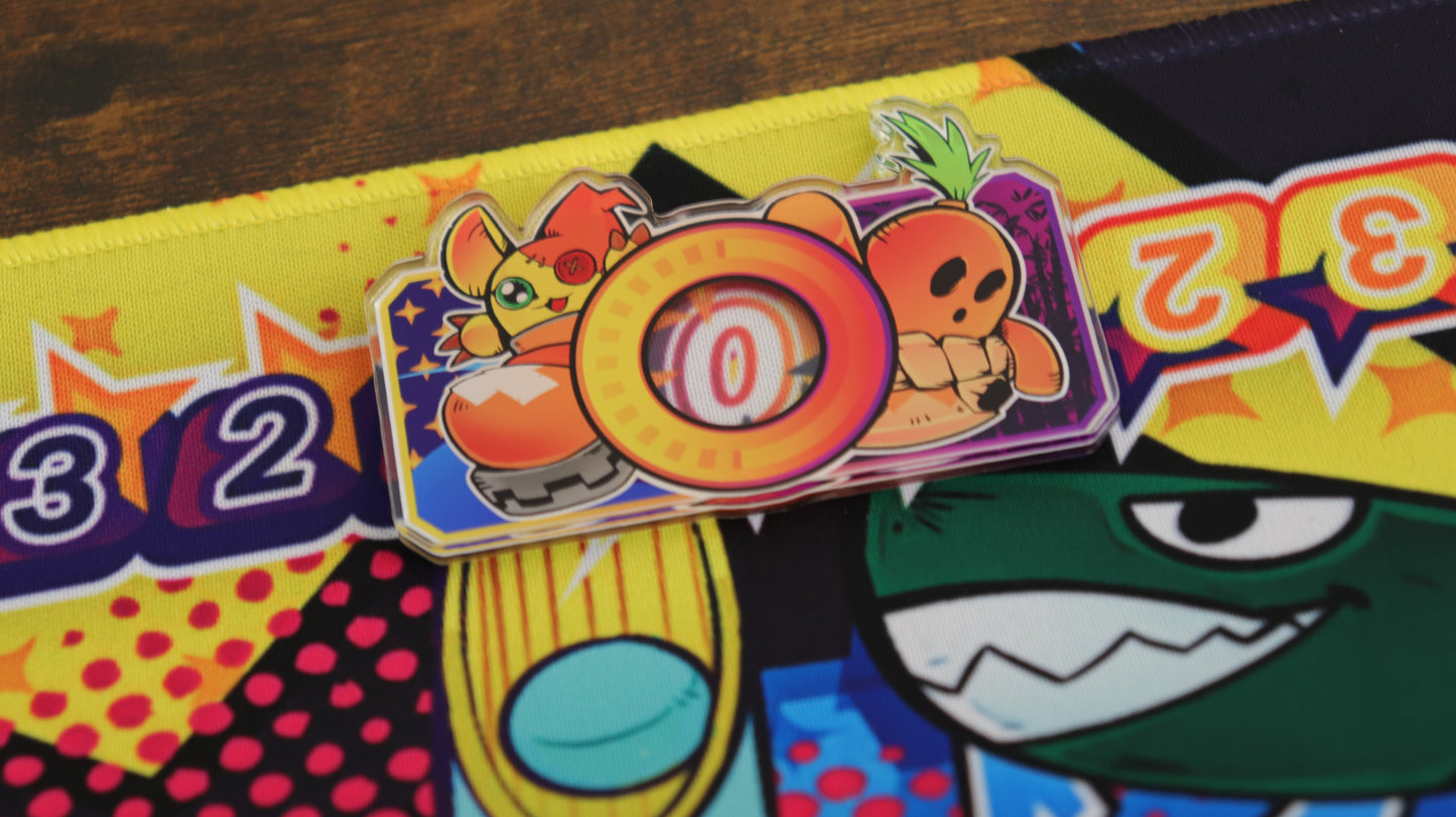 Acrylic memory marker for the Digimon Card Game featuring Kaguyamon and Cendrillmon, with Shoemon and Hanimon artwork included as a matching accessory for the playmat set.