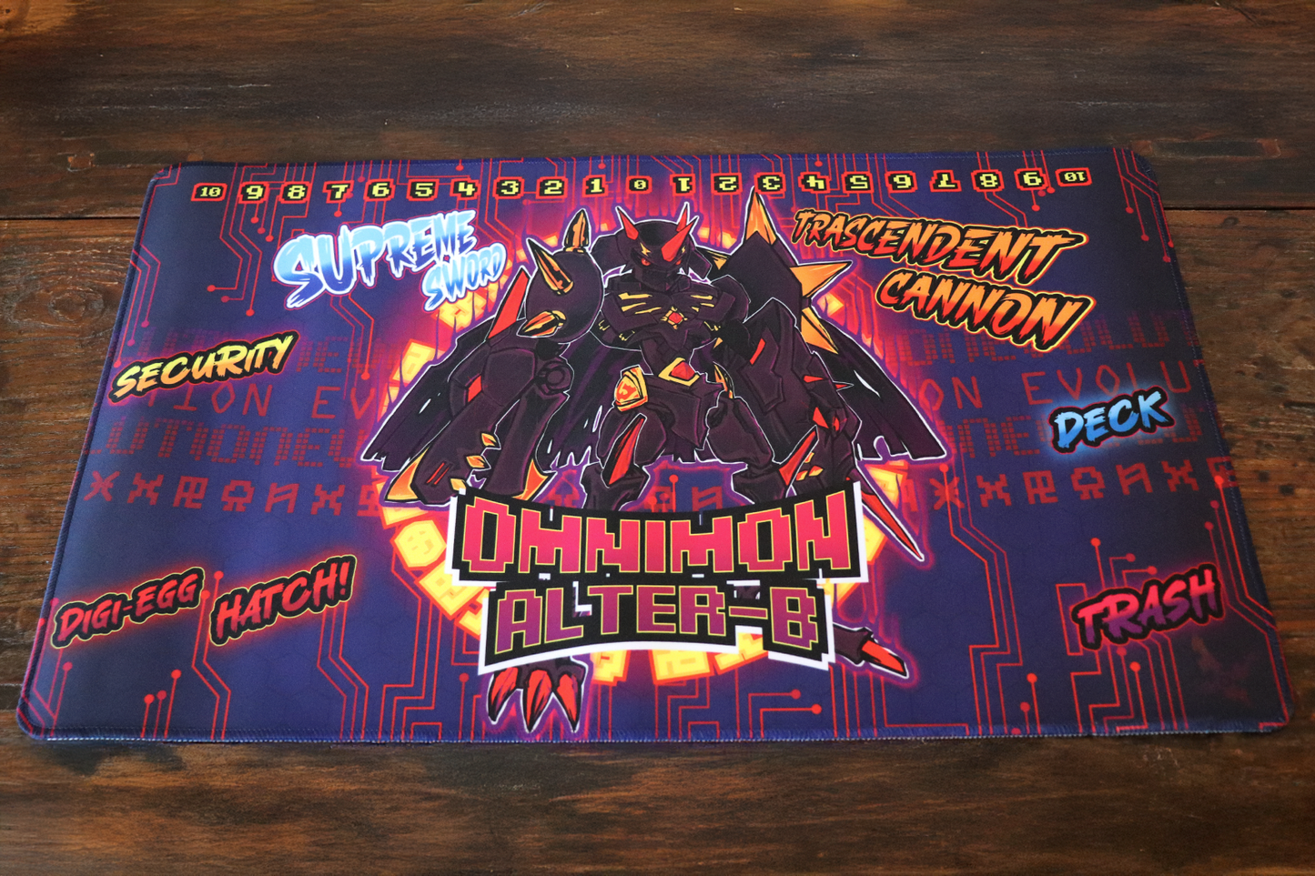 Digimon Card Game playmat artwork featuring Omnimon Alter-B in a dark purple and red cyber circuit style with bold comic text callouts, attack names, and a memory gauge counter across the top.