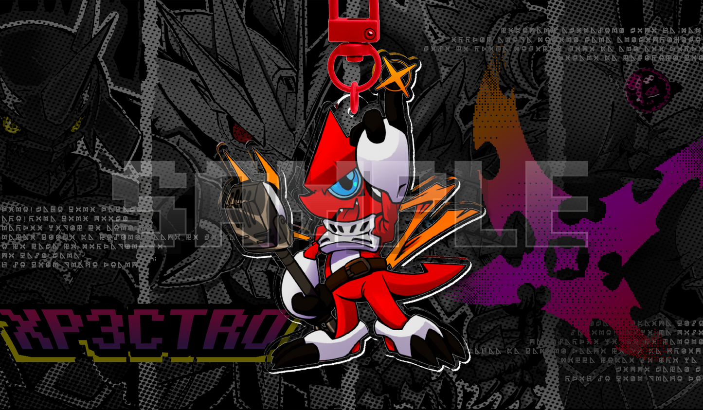 Shoutmon King acrylic keychain by XP3CTRO, double-sided Digimon Xross Wars artwork for the Digimon Card Game.