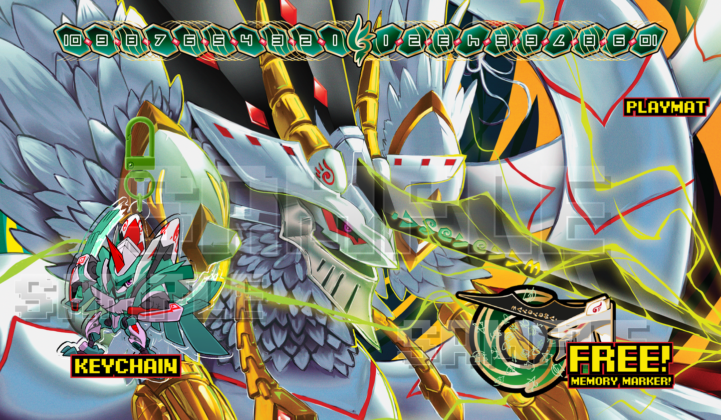 Custom Vortexdramon playmat bundle for the Digimon Card Game. Shows the full playmat design with a 10-to-10 memory gauge at the top, alongside previews of the included Zephagamon keychain and Vortexdramon memory marker.