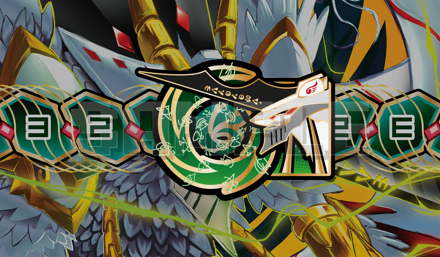 Close-up view of a custom sword-shaped memory marker token for the Digimon Card Game. The marker features a green and white sword hilt design (Vortexdramon's sword) combined with a green gauge reading "3-2-1-0." Set against the detailed Vortexdramon playmat background artwork.