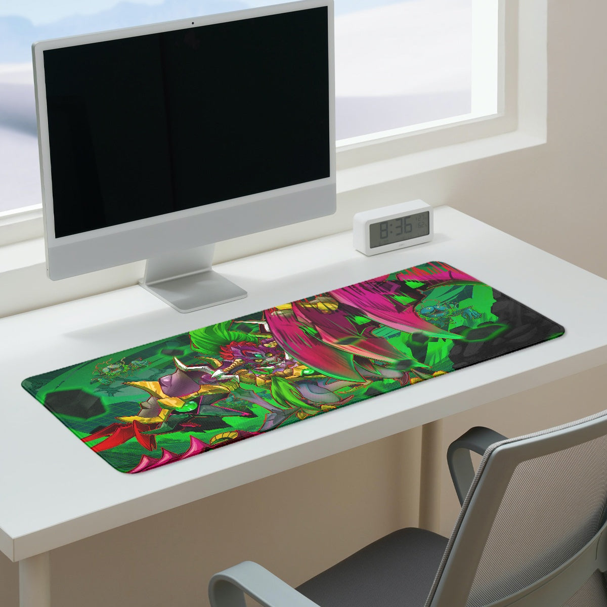 Diaboromon X desk pad by XP3CTRO shown in use on a gaming desk setup.