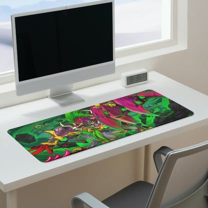Diaboromon X desk pad by XP3CTRO shown in use on a gaming desk setup.
