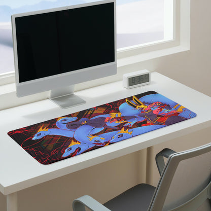 Medusamon desk pad by XP3CTRO shown in use on a gaming desk setup.