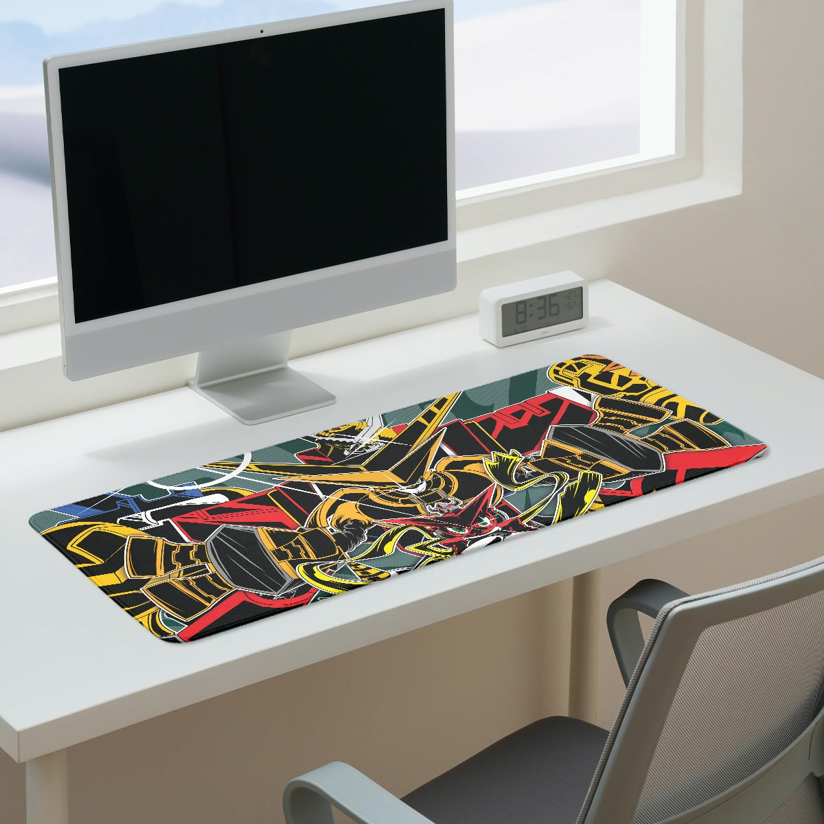 Xros Hearts desk pad by XP3CTRO shown in use on a gaming desk setup.