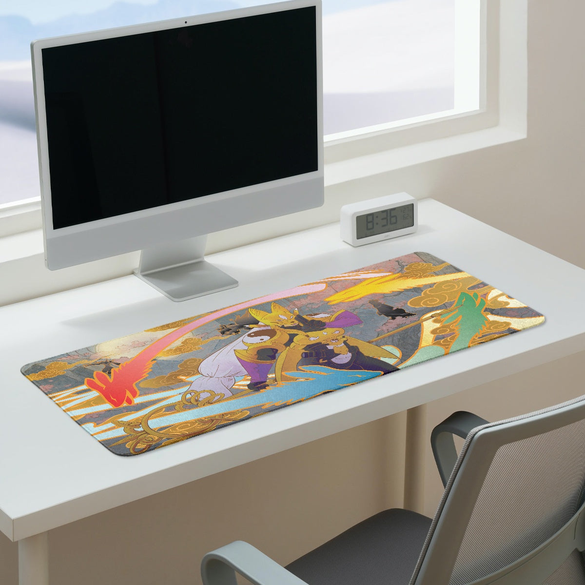 Sakuyamon desk pad by XP3CTRO shown in use on a gaming desk setup.