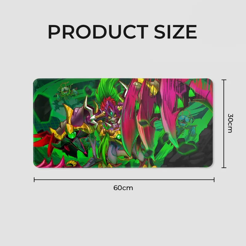 Diaboromon X mousepad by XP3CTRO, lifestyle photo showing the desk pad in use with full artwork visible.