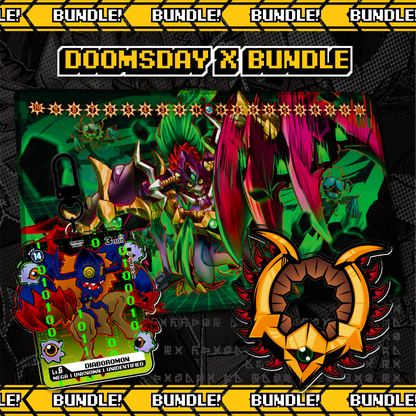 Diaboromon X full-art Digimon TCG playmat bundle by XP3CTRO, Doomsday X fan art featuring matching memory marker and keychain.