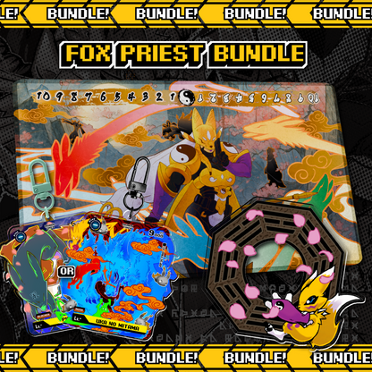 Sakuyamon full-art Digimon TCG playmat bundle by XP3CTRO, Fox Priest fan art featuring matching memory marker and fox spirit token keychain.