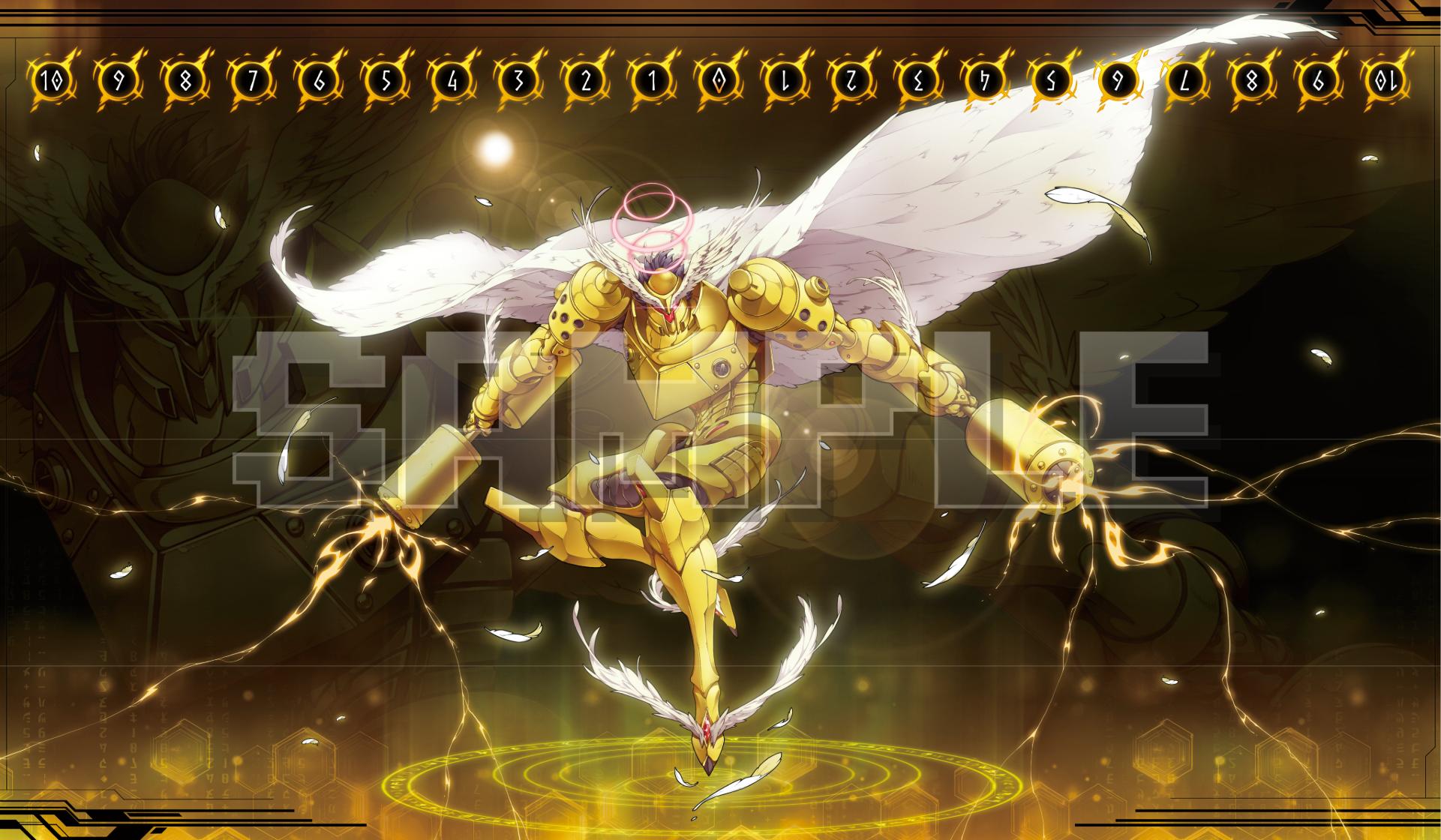 High-resolution digital illustration of Jupitermon, the Celestial Digimon, for a custom TCG playmat. Features Jupitermon in shining golden armor, floating against a mystical golden background. A detailed memory gauge (10-to-10) with runic symbols is integrated at the top. A prominent "SAMPLE" watermark is present.