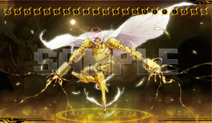 High-resolution digital illustration of Jupitermon, the Celestial Digimon, for a custom TCG playmat. Features Jupitermon in shining golden armor, floating against a mystical golden background. A detailed memory gauge (10-to-10) with runic symbols is integrated at the top. A prominent "SAMPLE" watermark is present.
