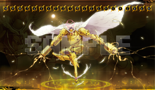 High-resolution digital illustration of Jupitermon, the Celestial Digimon, for a custom TCG playmat. Features Jupitermon in shining golden armor, floating against a mystical golden background. A detailed memory gauge (10-to-10) with runic symbols is integrated at the top. A prominent "SAMPLE" watermark is present.
