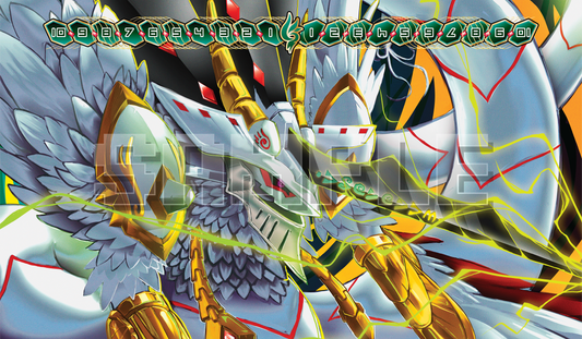 High-resolution digital illustration of Vortexdramon, an original armored dragon Digimon, for a custom TCG playmat. Features a green and white dragon with powerful golden wings, standing in a dynamic pose. Includes a central memory gauge (10-to-10) with green and red icons. A prominent "SAMPLE" watermark is present.