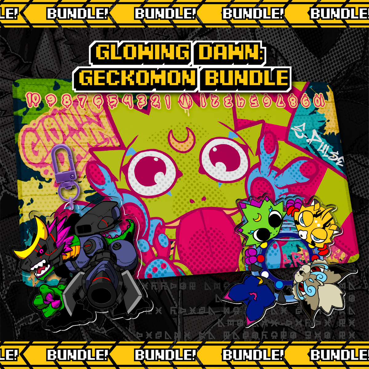 Glowing Dawn Gekkomon Bundle cover art featuring Digimon Card Game playmat, memory marker, and keychain set