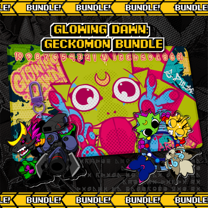 Glowing Dawn Gekkomon Bundle cover art featuring Digimon Card Game playmat, memory marker, and keychain set