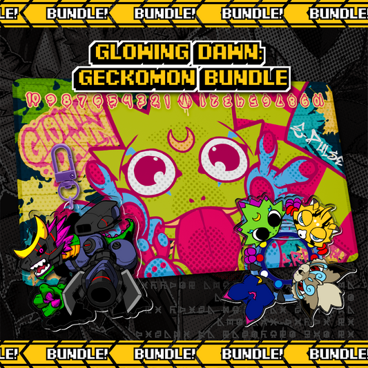 Glowing Dawn Gekkomon Bundle cover art featuring Digimon Card Game playmat, memory marker, and keychain set