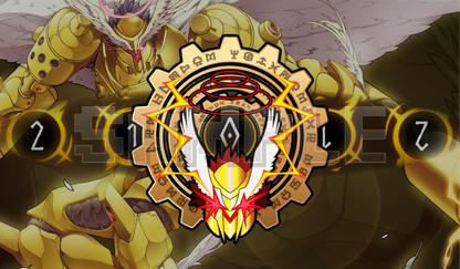 Close-up of a custom Jupitermon memory marker token for the Digimon Card Game. The token features a detailed golden gear design inscribed with Digimoji and a winged center emblem, displayed over Jupitermon playmat artwork.