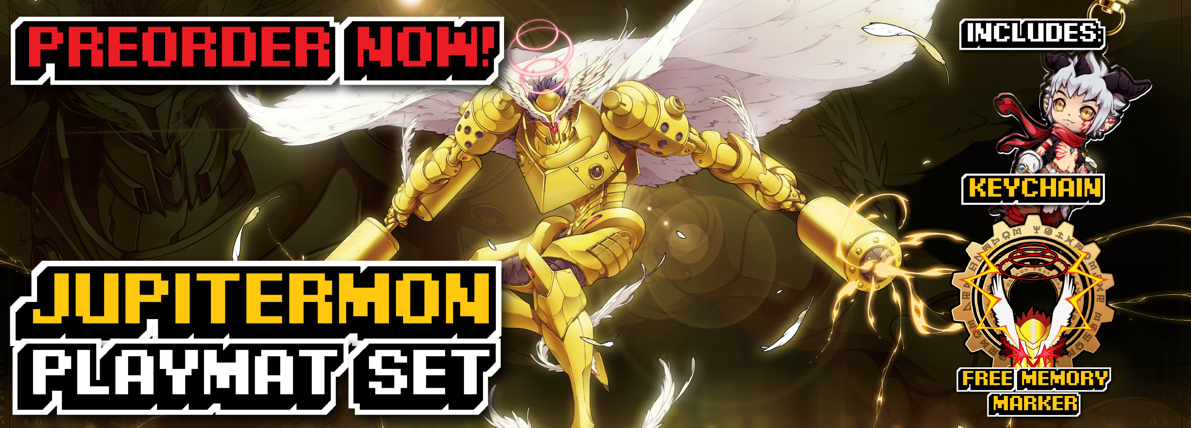 Preorder banner for a custom Digimon TCG Jupitermon Playmat Set. Showcases dynamic artwork of the golden-armored Jupitermon. Includes pixelated promotional text highlighting the bundle's free Aegiomon acrylic keychain and custom gear memory marker.