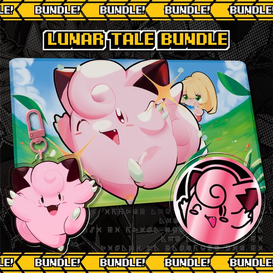 Lunar Tale Bundle cover art featuring Clefairy Pokemon TCG playmat, keychain, and acrylic coin set