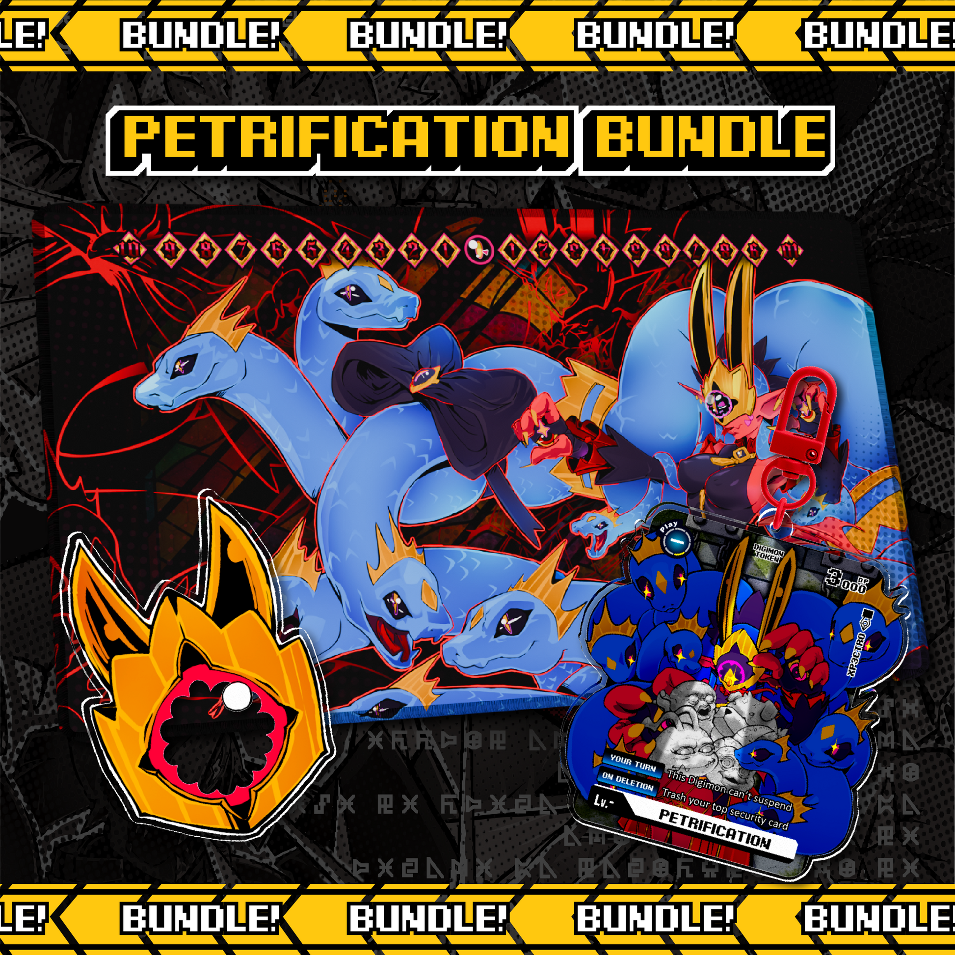 Petrification Bundle for the Digimon Card Game, featuring a Medusamon full-art playmat, double-sided memory marker, and acrylic keychain from Digimon Liberator.
