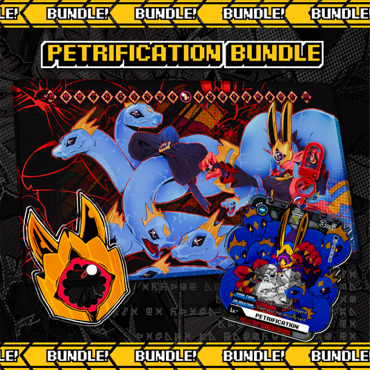 Petrification Bundle for the Digimon Card Game, featuring a Medusamon full-art playmat, double-sided memory marker, and acrylic keychain from Digimon Liberator.
