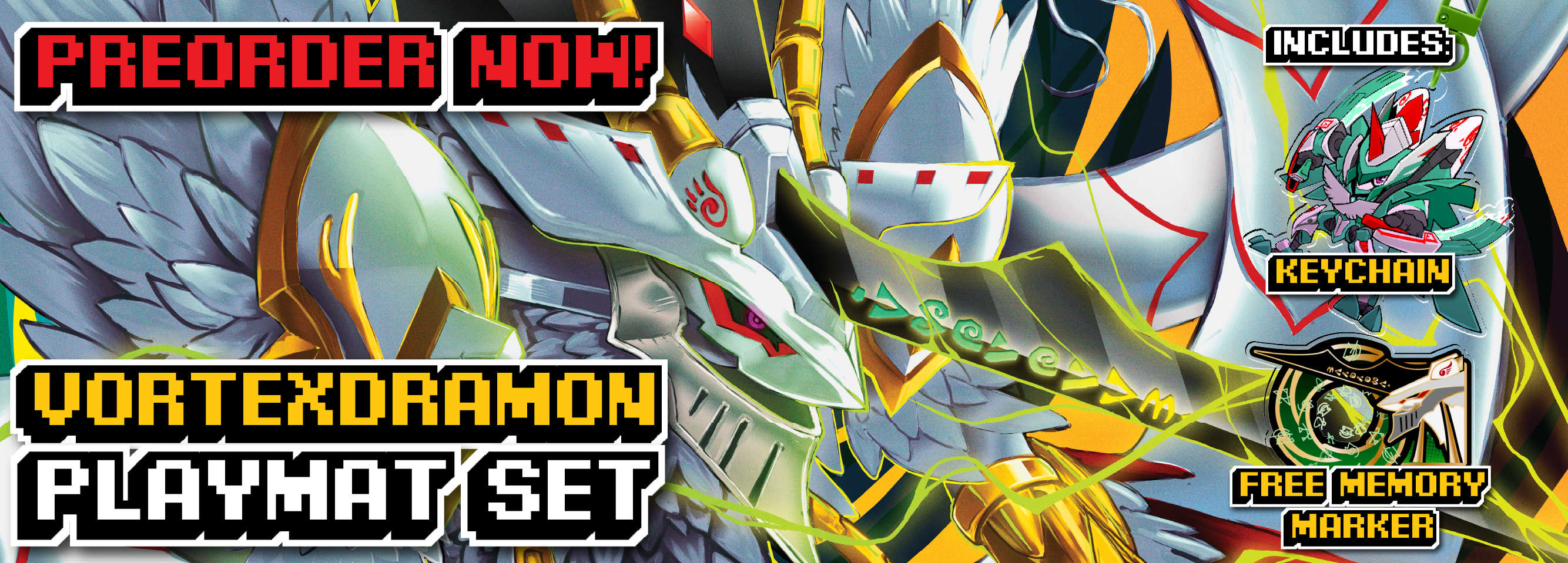 Promotional preorder banner for a custom Digimon TCG Vortexdramon Playmat Set. Features highly detailed artwork of the winged, armored dragon Vortexdramon. Text highlights "Preorder Now!" and includes a zephagamon acrylic keychain and themed memory marker.