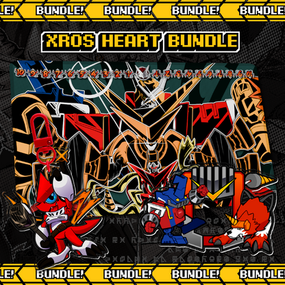 Xros Hearts Bundle by XP3CTRO, Shoutmon X7 full-art Digimon TCG playmat with matching Ballistamon and Dorulumon memory marker and Shoutmon keychain.
