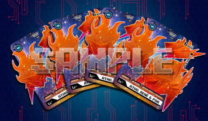 Product cover showing a set of four Atho, René & Por acrylic tokens fanned out on a blue circuit-style background, with a fiery orange design over a starry space pattern and the label ‘ATHO, RENE & POR.