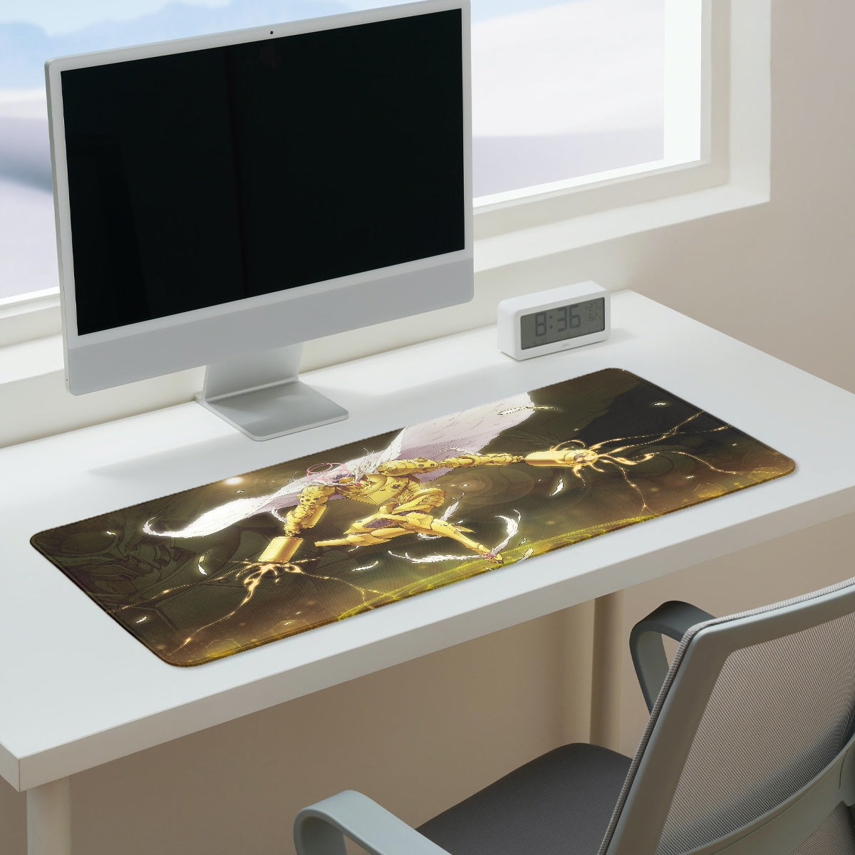 Jupitermon desk pad by XP3CTRO shown in use on a gaming desk setup.