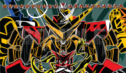 Shoutmon X7 full-art Digimon Card Game playmat by XP3CTRO, DigiXros fusion design from Digimon Xross Wars.