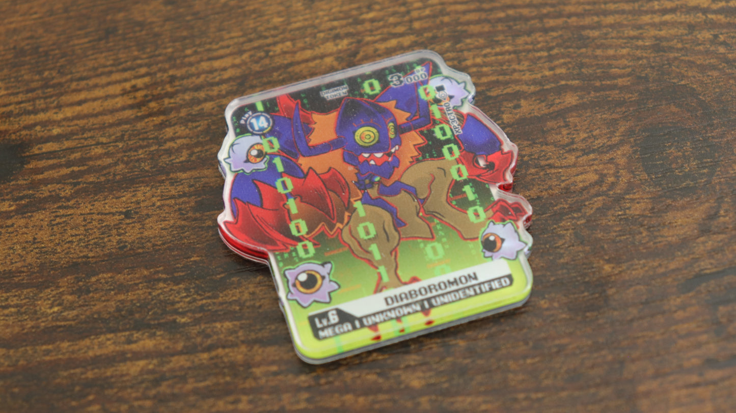 Diaboromon acrylic token for the Digimon Card Game, shown in a close-up product photo with green digital code background and character art on a clear acrylic token.