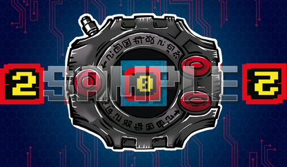 Product cover of a Digimon Adventure 01 black Digivice acrylic Digimon memory marker, Digivice device artwork with screen detail and button ring, Digimon TCG memory tracker accessory for the Digimon card game.