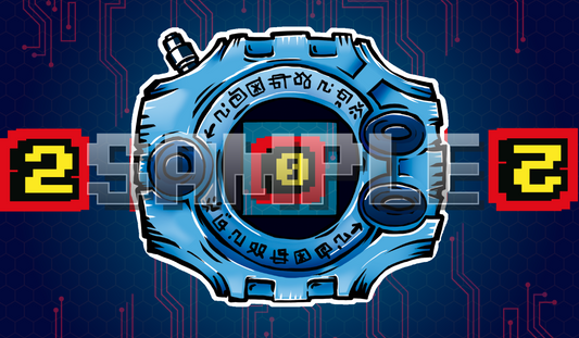 Product cover of a Digimon Adventure 01 Digivice acrylic Digimon memory marker, blue Digivice device artwork with screen detail and rune ring, custom Digimon TCG accessory for keeping track of memory in the Digimon card game