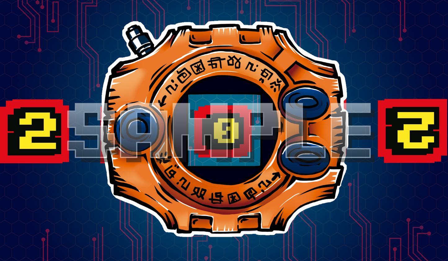 Product cover of a Digimon Adventure 01 orange Digivice acrylic Digimon memory marker, classic Digivice device art with screen and symbol ring, Digimon TCG memory tracker accessory for the Digimon card game.