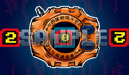 Product cover of a Digimon Adventure 01 orange Digivice acrylic Digimon memory marker, classic Digivice device art with screen and symbol ring, Digimon TCG memory tracker accessory for the Digimon card game.