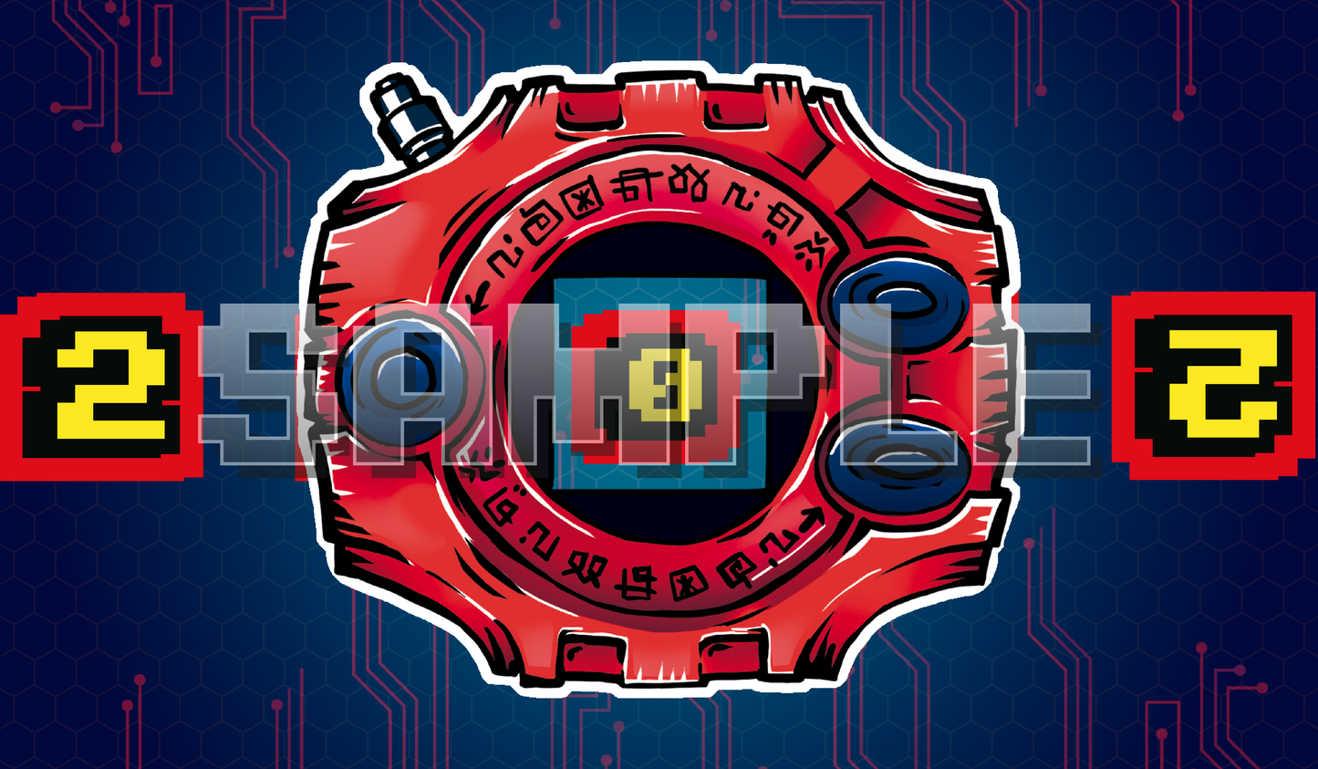 Product cover of a Digimon Adventure 01 red Digivice acrylic Digimon memory marker, Digivice device art with screen and circular symbol ring, Digimon TCG memory marker accessory for the Digimon card game