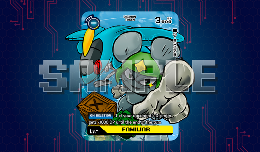 Single Digimon Familiar acrylic Digimon token product cover for Cendrillmon, showing a green-hooded familiar pointing forward with a crate icon, on a blue Digimon token card labeled ‘FAMILIAR’ and ‘3000 DP.