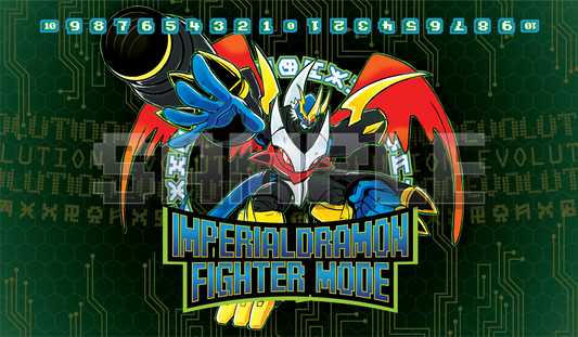 Product cover image featuring Imperialdramon Fighter Mode in an action pose with a cannon arm and red wings, on a dark green cyber circuit background with a Digimon Card Game memory gauge across the top.