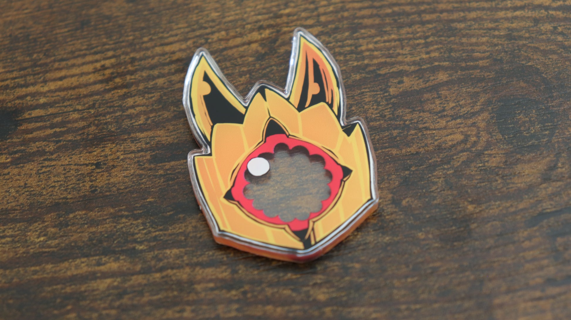 Medusamon acrylic memory marker for the Digimon Card Game, shown in a close-up product photo featuring a gold and red crown-mask on a clear acrylic marker.