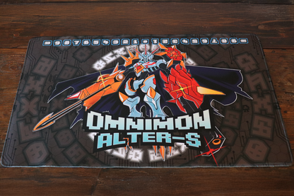 Digimon Card Game playmat artwork featuring Omnimon Alter-S in a dark tech style with black, orange, and blue armor details, a geometric cyber pattern background, and a memory gauge counter across the top.