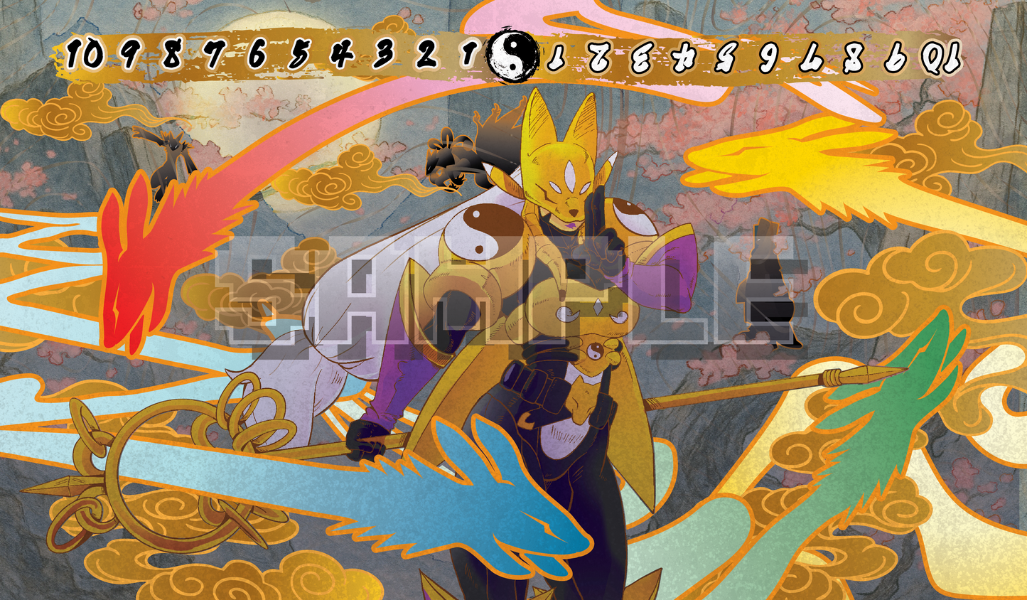 Product cover image featuring Sakuyamon in a Japanese-inspired style with swirling clouds and spirit foxes, a Digimon Card Game memory gauge with yin-yang icon, and  Digivolution line on the background.