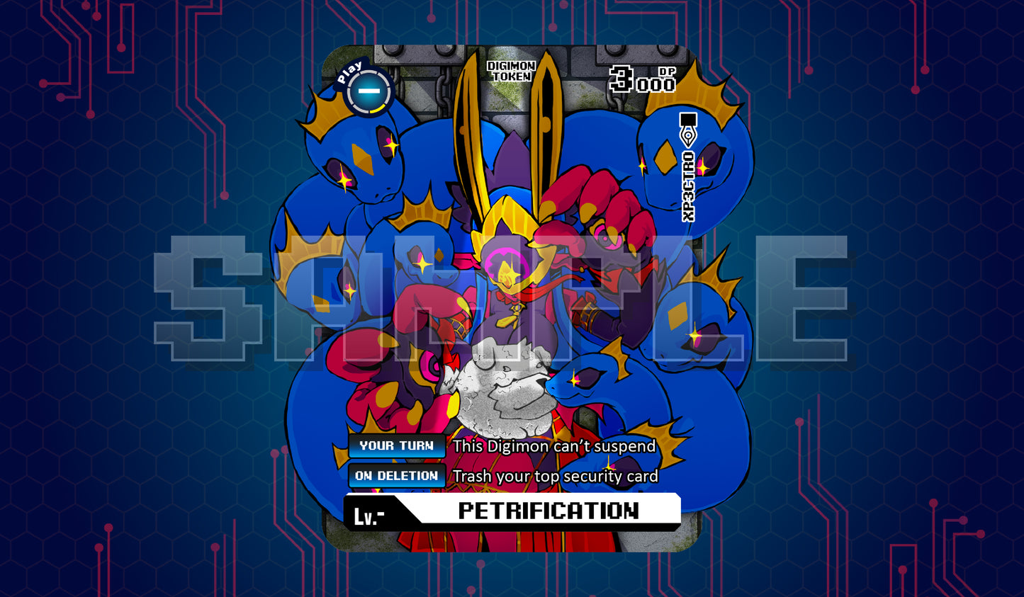 Product cover image of a Bowmon Petrification acrylic token for the Digimon Card Game, showing Medusamon surrounded by blue serpent hair and a petrified Bowmon with a bold Petrification label.