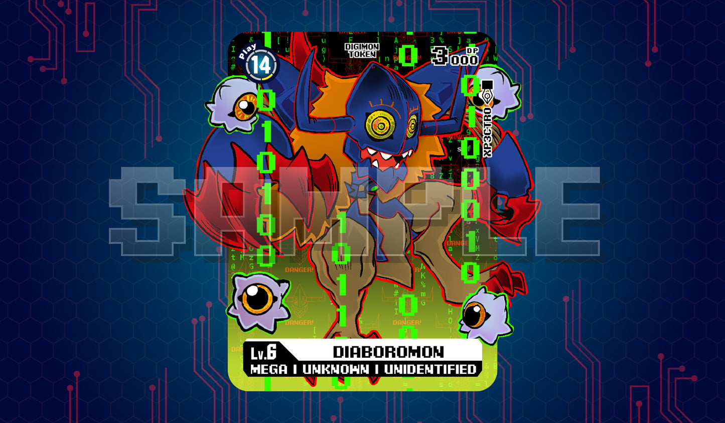 Product cover image of a single Diaboromon acrylic token for the Digimon Card Game, featuring character art with green digital code elements on a clear acrylic token.