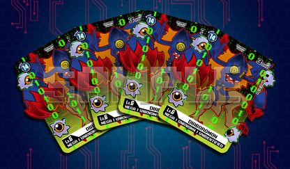 Product cover image showing a Digimon Card Game Diaboromon acrylic token set, displayed as a 4-pack with green digital code details and character art on each token.