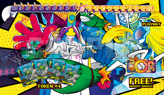 Digimon Card Game Kaguyamon and Cendrillmon playmat set promo image showing the pop-art playmat design, 4 included acrylic tokens, and a free memory marker offer.