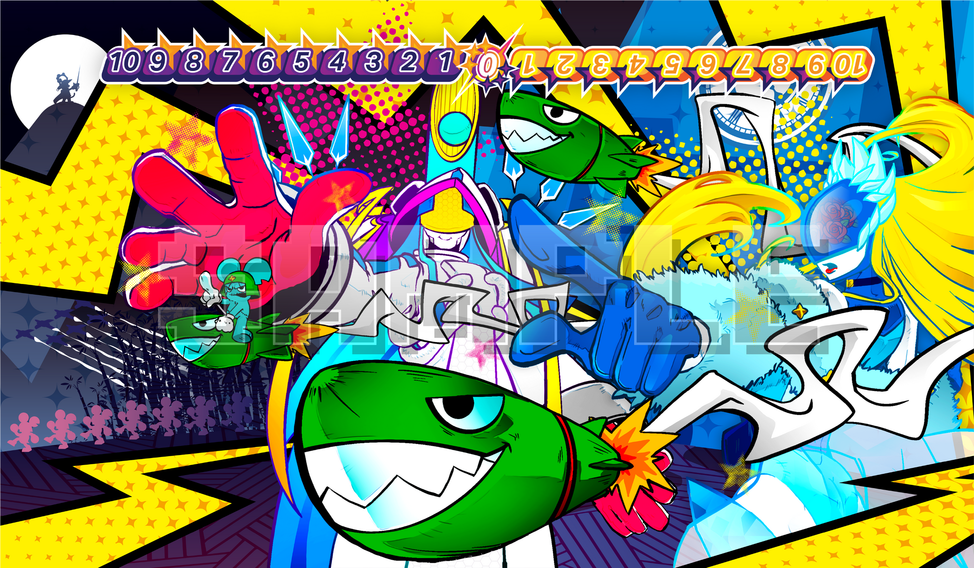 Product cover image featuring Kaguyamon and Cendrillmon in a bright pop-art comic style with dynamic action poses and a Digimon Card Game memory gauge across the top.
