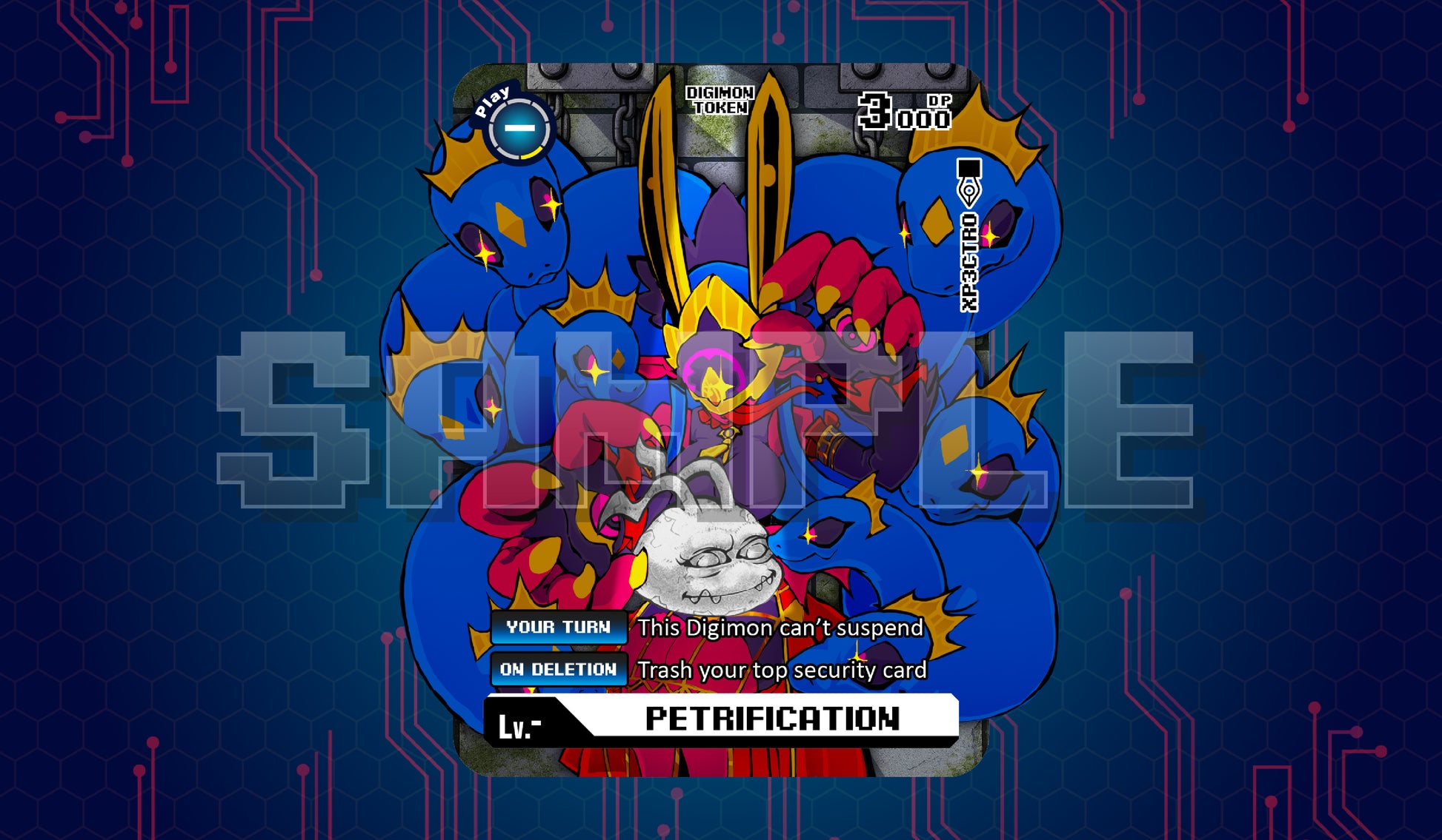 Product cover image of a Koromon Petrification acrylic token for the Digimon Card Game, featuring Medusamon’s blue serpent hair and a petrified Koromon with a bold Petrification label.